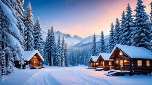 Winter Wonderland Scene: Snow-Covered Trees, Cozy Cabins, Ski Resorts - Festive Holiday Getaway, Scenic Beauty © Mustapha.studios