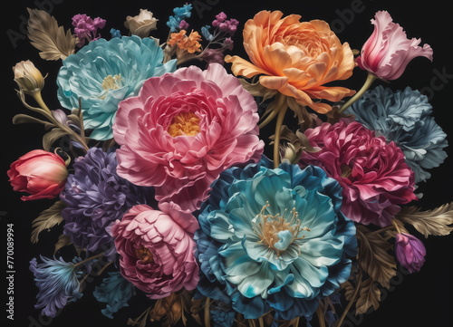 painting of a bouquet of flowers, primarily in shades of pink, blue, and purple, against a black background. © i-element