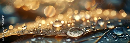 Close-up of water droplets on a leaf with a blurred background of sunlight
