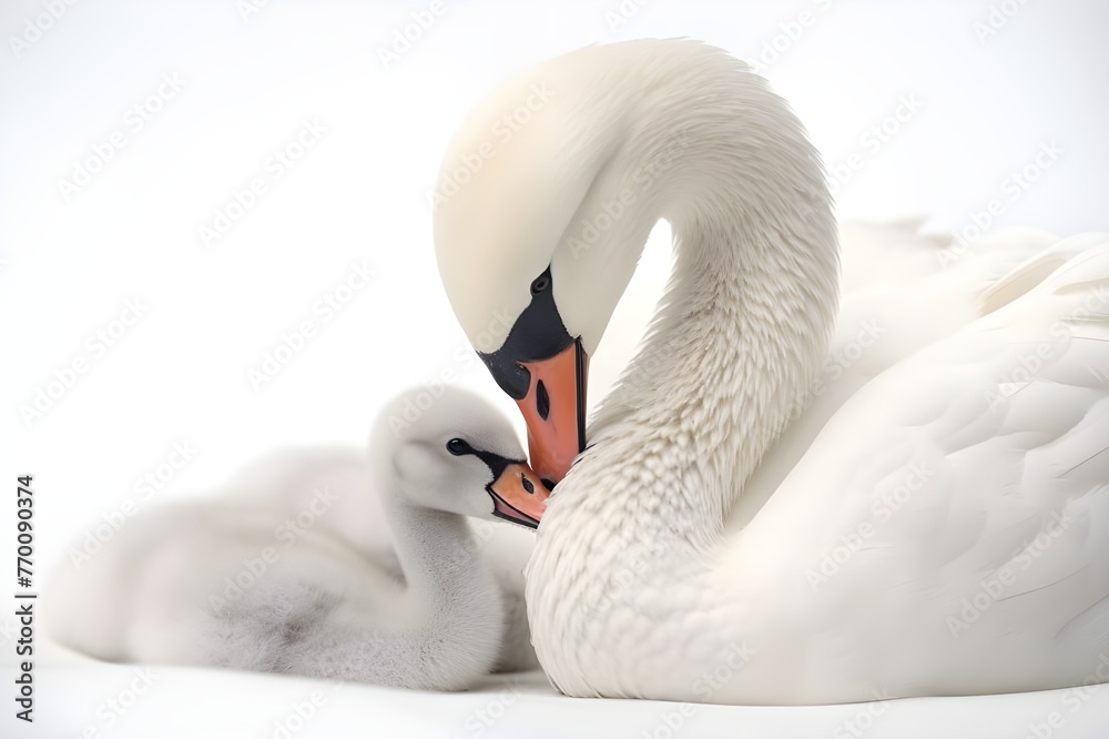 Fototapeta premium Swan Mother and Signet Close-up with White Background