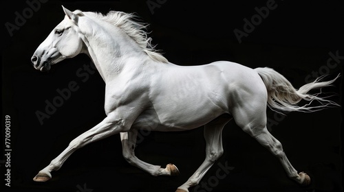 Portrait beautiful white horse run forward in dark background. AI generated image