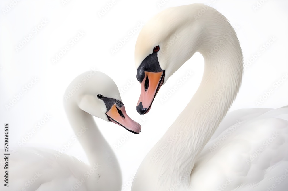 Obraz premium Swan Mother and Signet Close-up with White Background