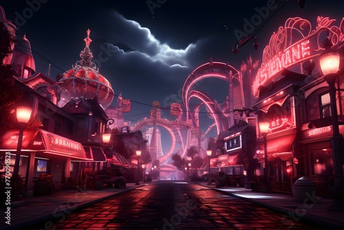 Amusement park at night with neon lights. 3d rendering © Iman