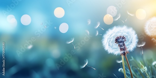 Dandelion seeds flying in the air with beautiful bokeh