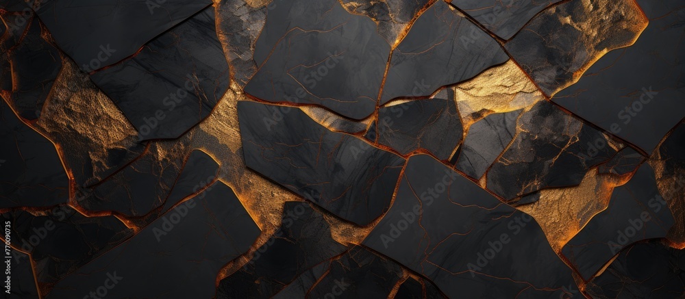 Close-up view of a textured black and gold marble wall showcasing its intricate cracky surface