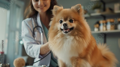 A dog is being examined by a young female doctor in a clinic. Generated AI image