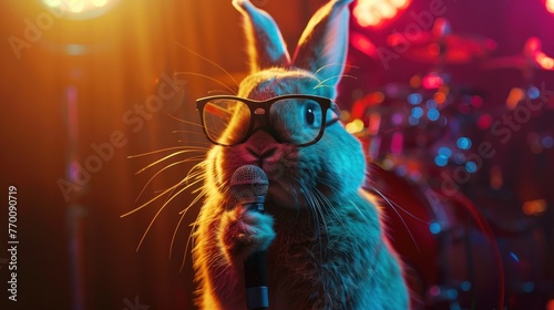 Cute rabbit wearing glasses singing using microphone on stage. AI generated
