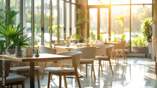 Interior design modern minimalist of restaurant or cafe with sunlight. AI generated image photo