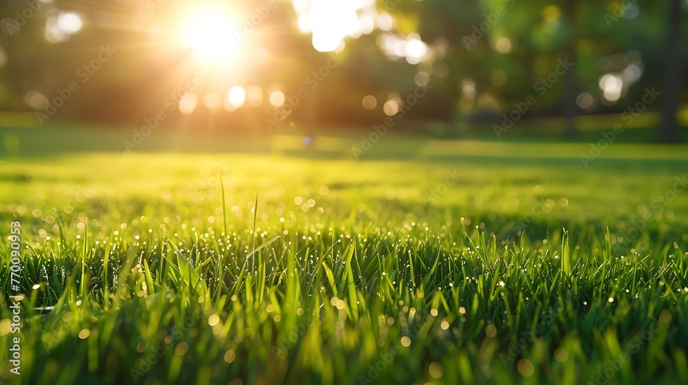 Freshly cut green grass lawn with morning sunlight in the background