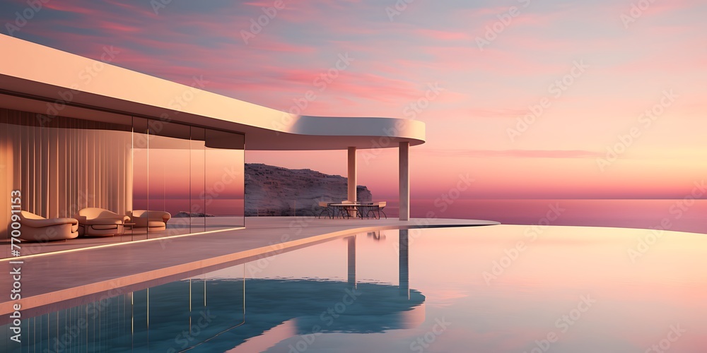 3d render of modern house exterior with swimming pool and sunset sky