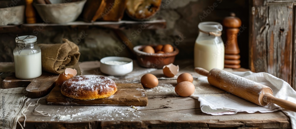 Cake being baked in a countryside kitchen with ingredients for the dough (eggs, flour, milk, butter, sugar) and a rolling pin on an old wooden table. The backdrop is rustic with room for text.