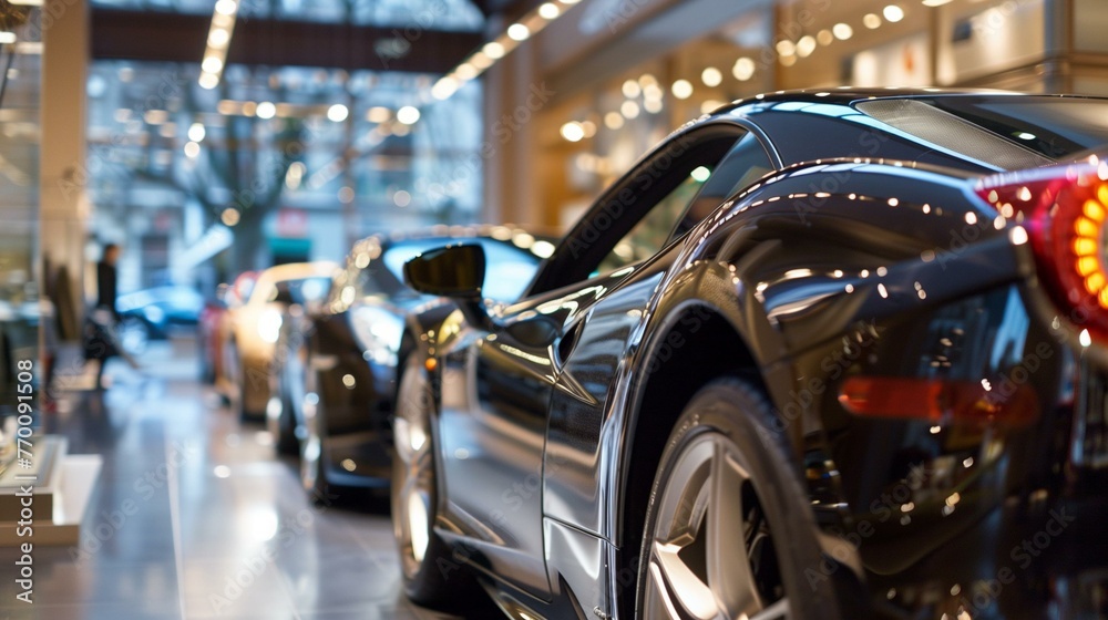 Luxury Vehicles on Display in a Modern Car Dealership Showroom with Elegant Lighting