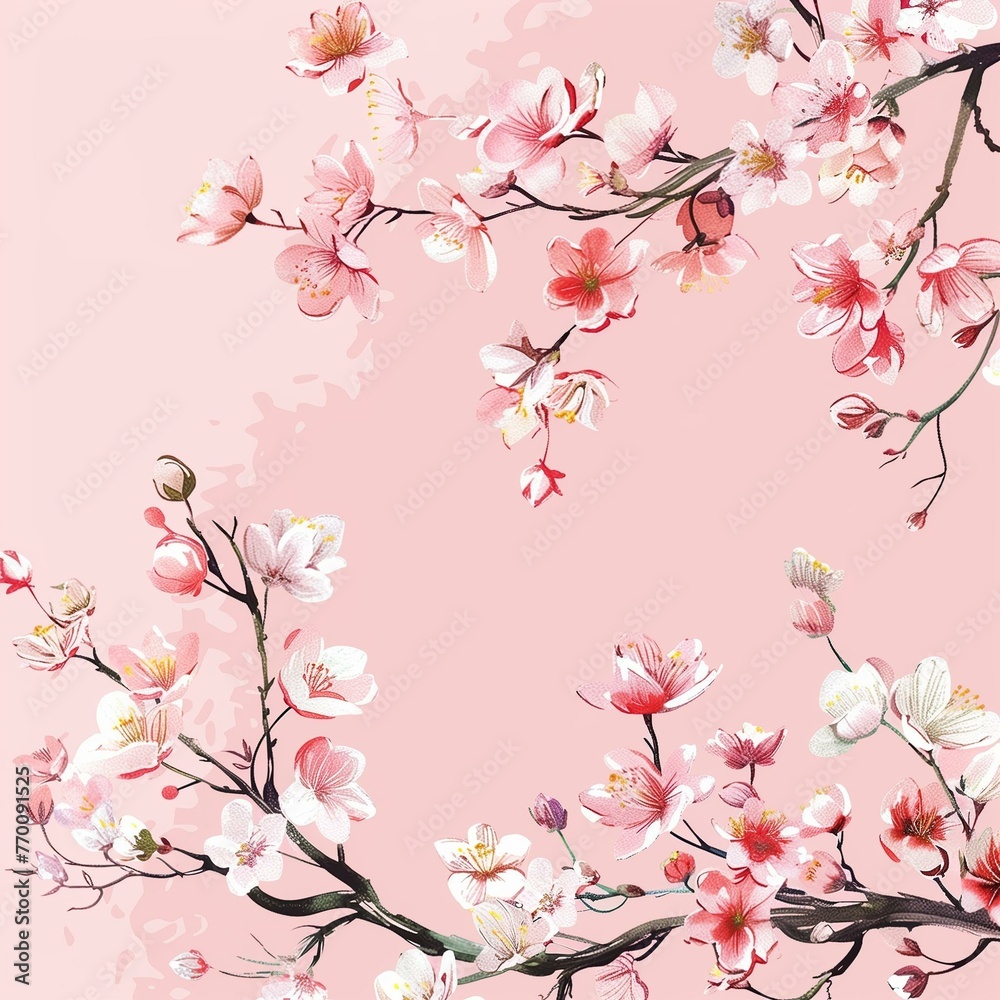 Fototapeta premium Elegant Spring Cherry Blossoms on Pastel Pink Background for Design