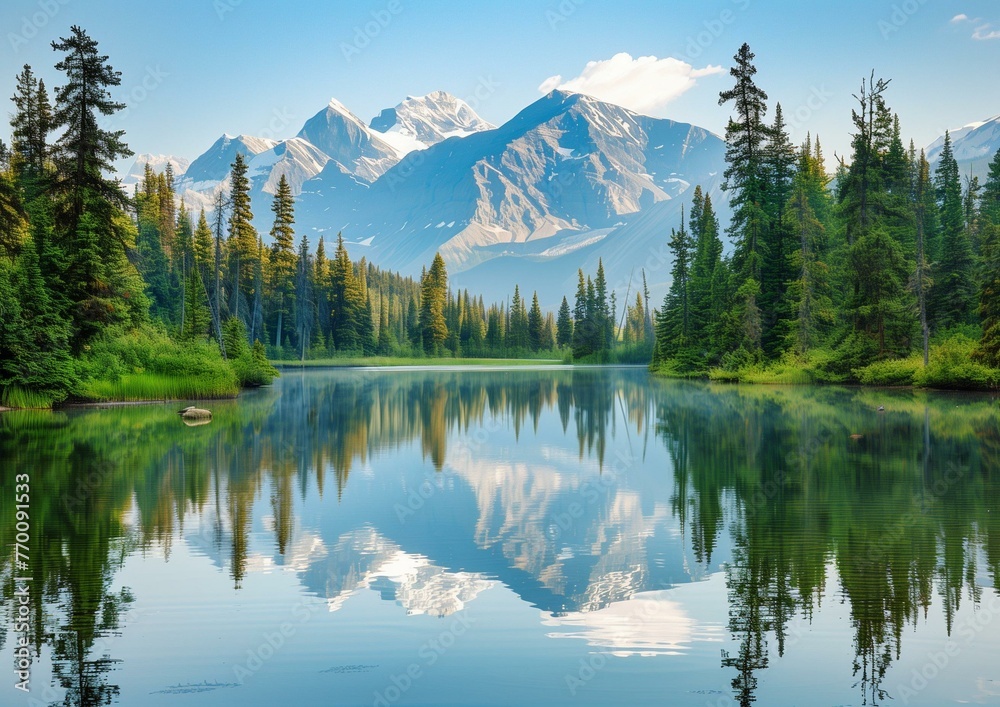Serene Mountain Lake Landscape with Vivid Reflections and Lush Greenery