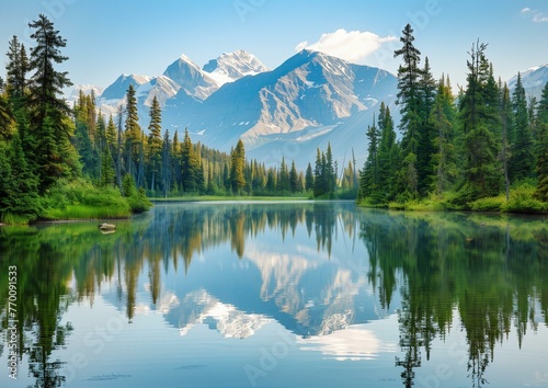 Serene Mountain Lake Landscape with Vivid Reflections and Lush Greenery © Qstock