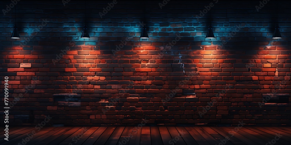 Grunge brick wall with neon lights. 3D Rendering