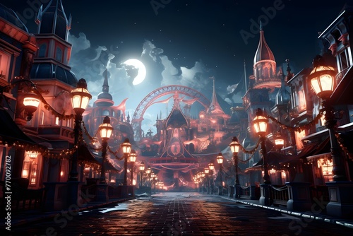 Fairy-tale city at night with moonlight. Panorama