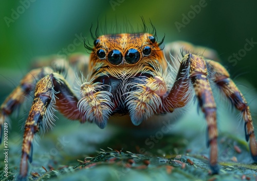 Macro Photography Close-up of Colorful Jumping Spider on Green Foliage