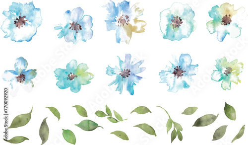 水彩画。水彩タッチの花ベクターイラスト。水彩で描いた花のフレーム。青い花束。Watercolor painting. Floral vector illustration with watercolor touch. Watercolor flower frame. Blue bouquet.