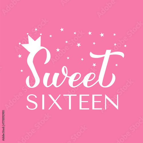 Sweet 16 calligraphy lettering on pink background. 16th birthday celebration inscription. Sweet sixteen typography poster. Vector template for greeting card, banner, invitation, etc