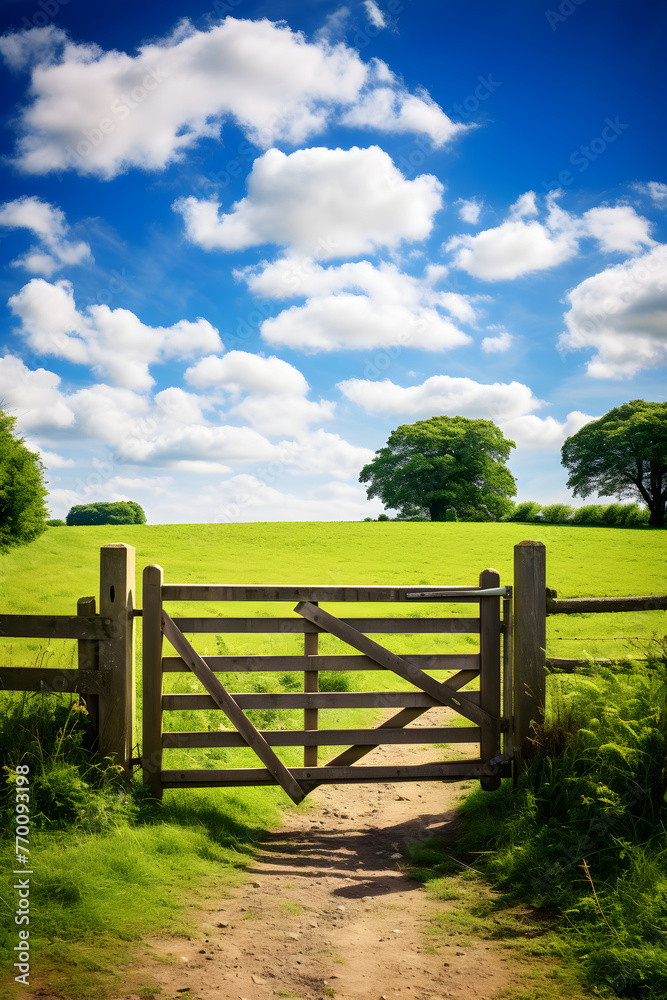 Weather-Battered Country Gate with a Breathtaking Countryside Landscape