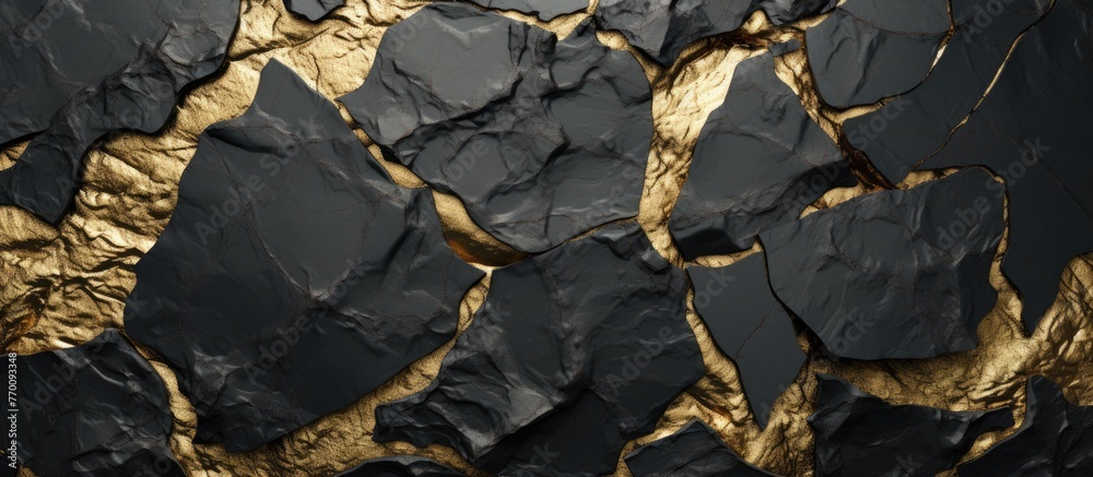 A detailed closeup of a rock texture with black and gold tones, resembling a mix of asphalt, metal, and soil, with hints of automotive tire marks on the surface