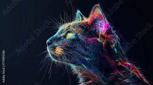 Abstract 3d colorful hologram cat animal drawing in dark background. AI generated © orendesain99