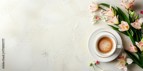 Morning cup of coffee with pink lilies on textured light background. Hot drink with spring flowers. Romantic breakfast for Women's or Valentine day. Design for menu, poster, banner, greeting card