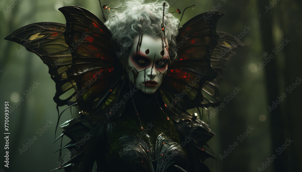 evil fantasy butterfly woman in the dark fairytale forest - obrazy, fototapety, plakaty 