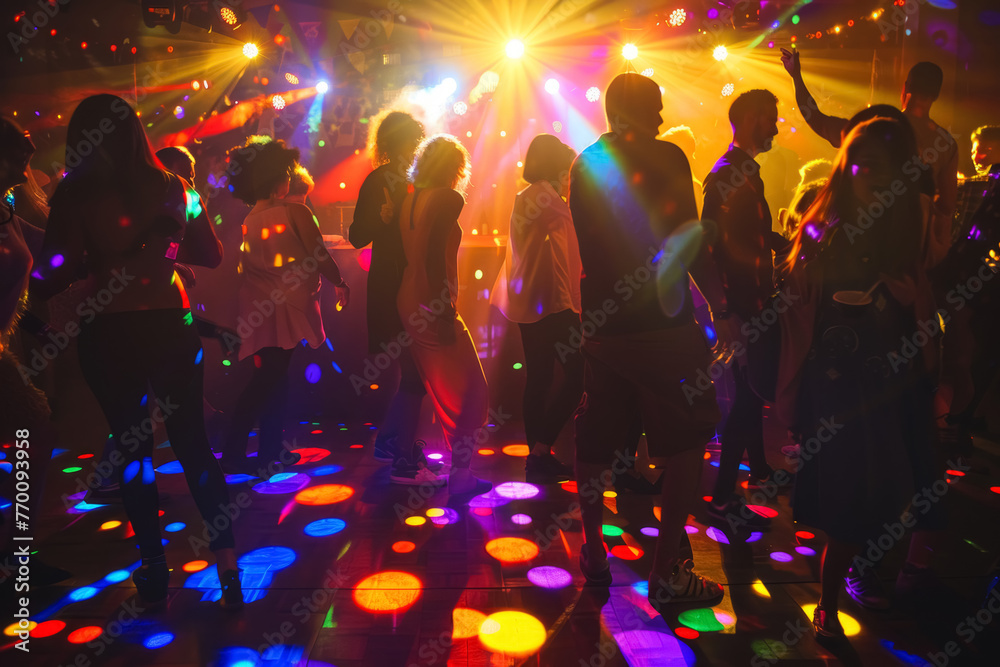 A dance floor comes alive with vibrant, multicolored lights reflecting off a shiny surface, capturing the movement of partygoers' feet in a festive atmosphere.