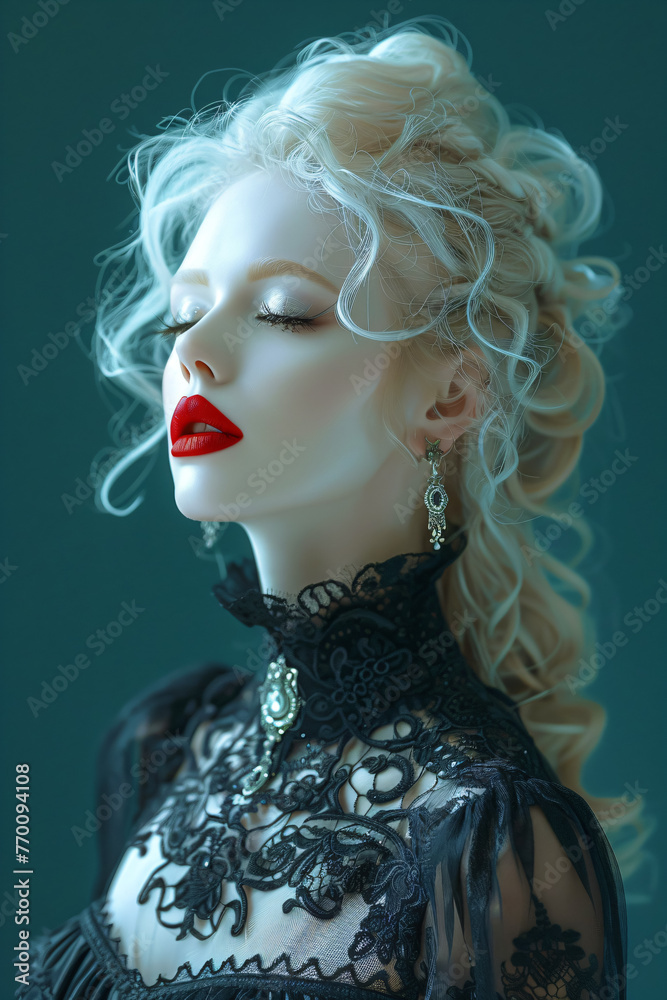 luxury goth vampire woman with red lips and pale skin - obrazy, fototapety, plakaty 