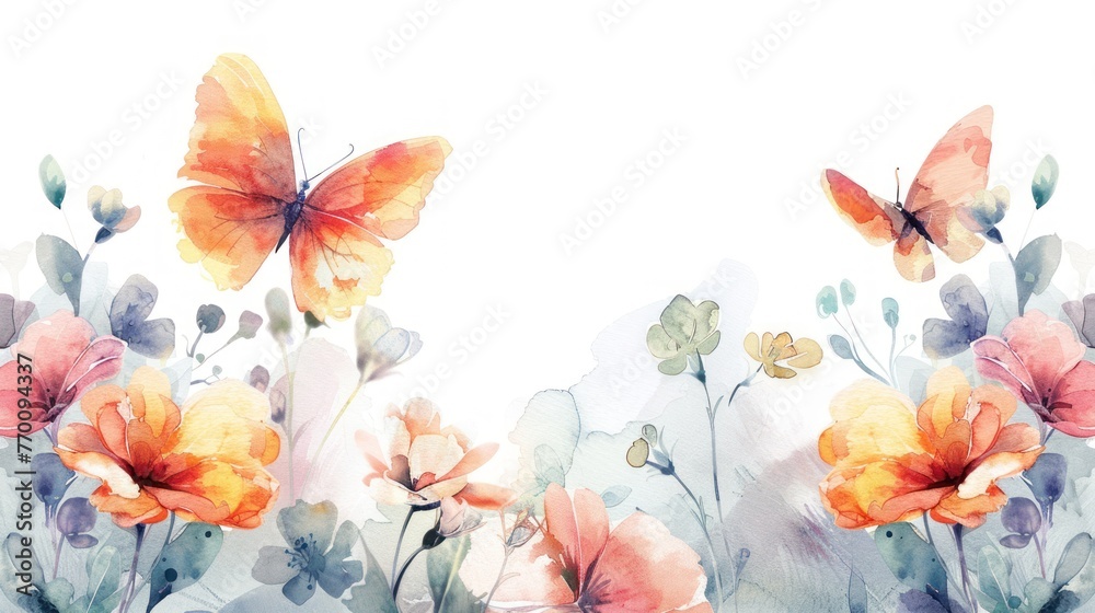 Illustration watercolor flowers with butterfly on white background. AI generated image - obrazy, fototapety, plakaty 