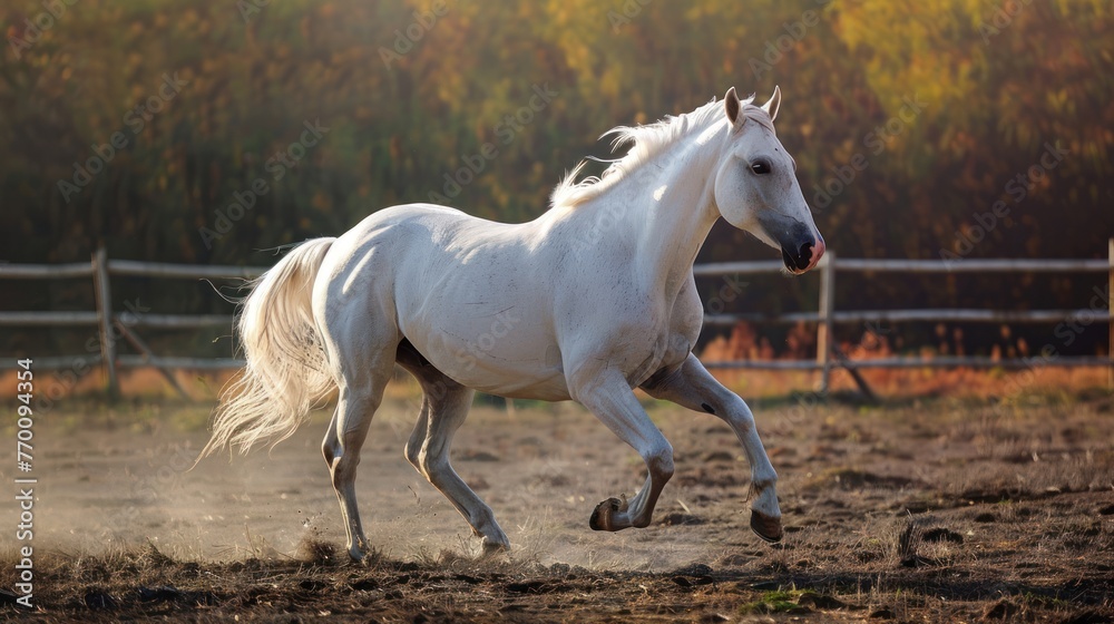 Portrait beautiful white horse run forward in dark background. AI generated image - obrazy, fototapety, plakaty 
