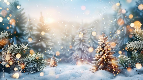 winter landscape decoration background, christmas tree and decorations as panoramic wallpaper header