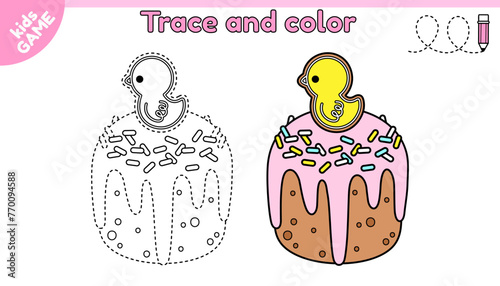 Kids educational Easter game Tracing lines. Cartoon Easter cake with gingerbread chick. Trace and color. Handwriting practice worksheet for children education. Vector design with traditional baking.