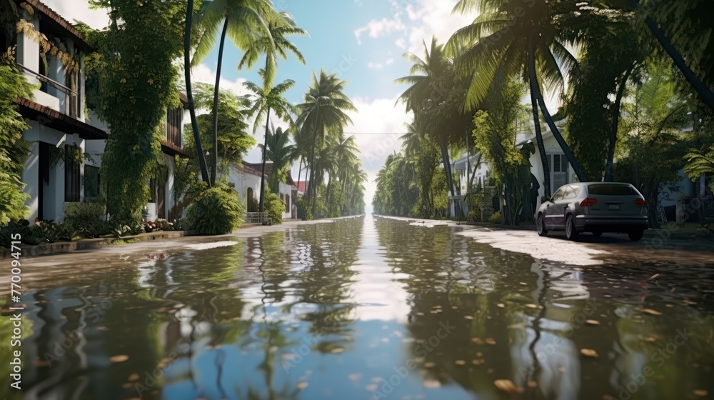 Flooded streets on tropical island after hurricane