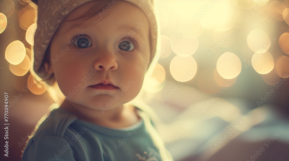 A baby with soulful eyes, awash in warm golden bokeh light A baby with soulful eyes, awash in warm golden bokeh light