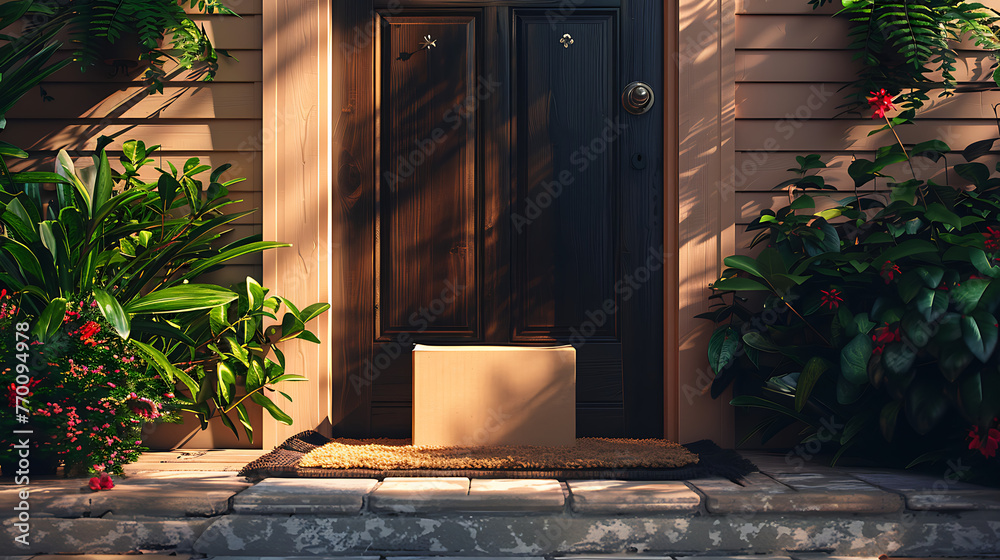 a brown cardboard box placed on a doormat in front of a dark brown door. - obrazy, fototapety, plakaty 