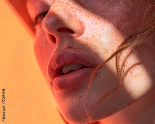 Closeup low side angle portrait of a beautiful young woman with fleckers on her face