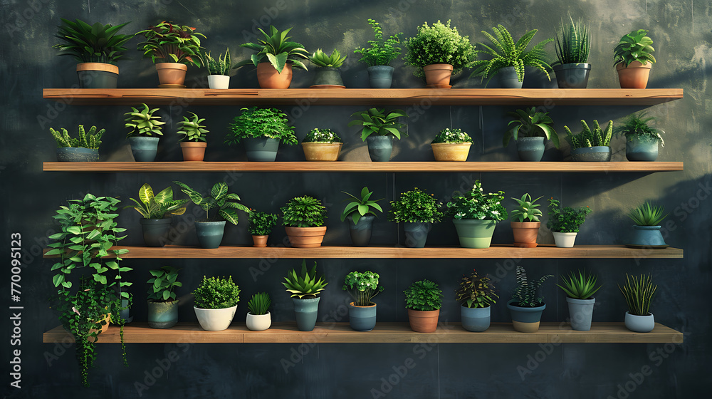a delightful arrangement of potted plants on wooden shelves against a dark, matte wall. - obrazy, fototapety, plakaty 