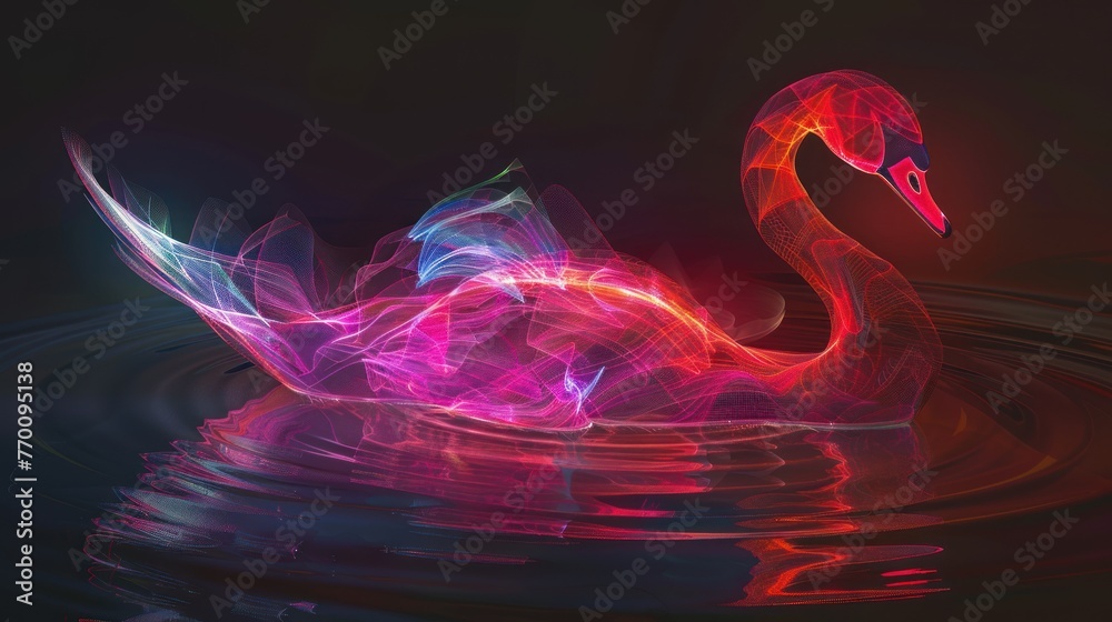 Abstract 3d colorful hologram swan drawing in dark background. AI generated - obrazy, fototapety, plakaty 