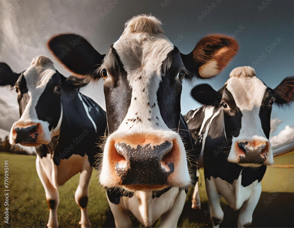 Close up na cara de três vacas no pasto fresco de uma fazenda com céu ao fundo. - obrazy, fototapety, plakaty 
