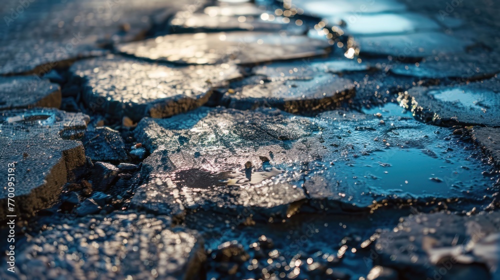 Closeup bad damaged asphalt road with potholes that are dangerous for passing cars. AI generated - obrazy, fototapety, plakaty 