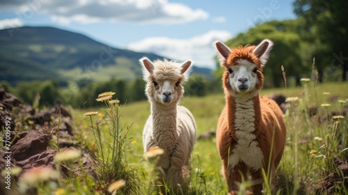 A pair of llamas in the green pastur photo