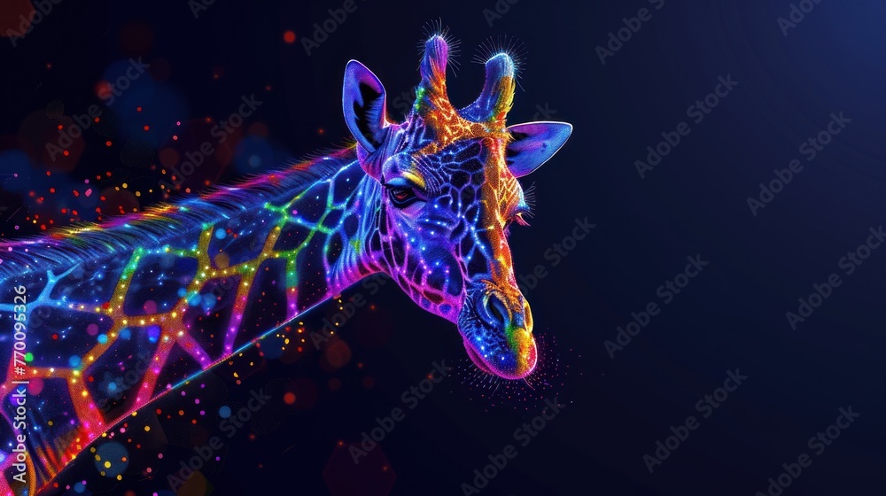 Abstract 3d colorful hologram giraffe animal drawing in dark background. AI generated - obrazy, fototapety, plakaty 