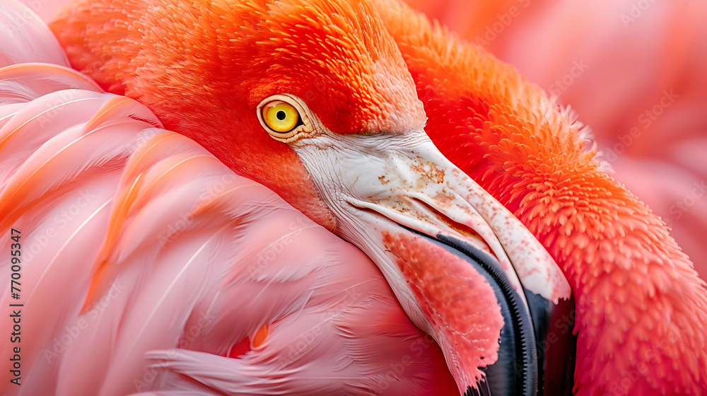 The flamingo’s feathers are a striking bright pink, appearing soft and fluffy. - obrazy, fototapety, plakaty 