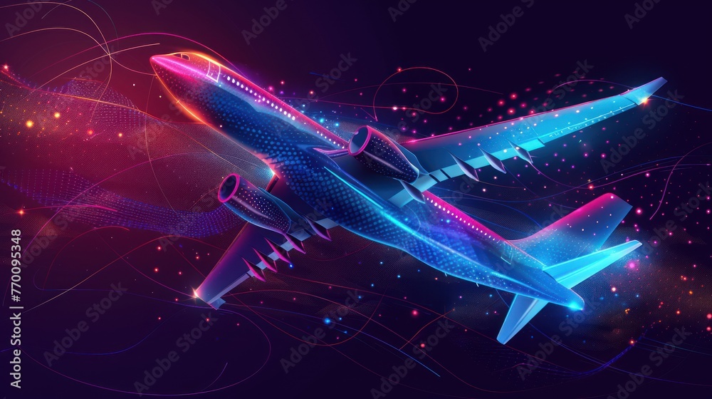 Colorful holographic airplane transportation on dark background. AI generated image - obrazy, fototapety, plakaty 