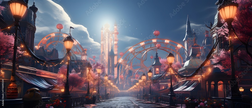 Amusement park at night. Panoramic view of amusement park