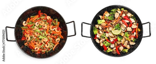 Woks with stir fried vegetables isolated on white, top view