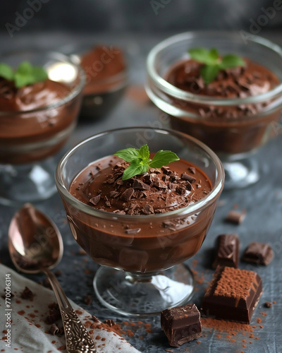 Chocolate pudding with crumbs and mint leaves